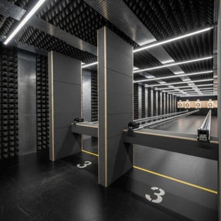 Sistemas de ventilación y extracción de plomo para galerías de tiro, con flujo direccional controlado y filtración de partículas en entornos profesionales.